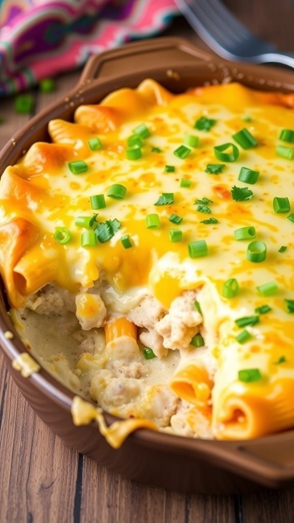 Cheesy taquito casserole with melted cheese and garnished with green onions and cilantro in a baking dish.